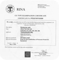 RINA-CE-Baumusterprüfbescheinigung für den Trockentauchanzug „Orca“, Norm EN 14225-2:2005